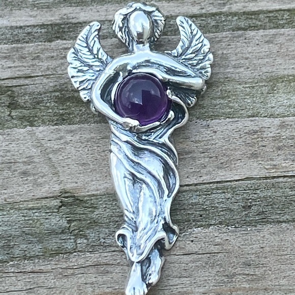 Dream Angel Pendant solid .925 Sterling Silver w/ genuine Amethyst made in USA - Picture 7 of 12